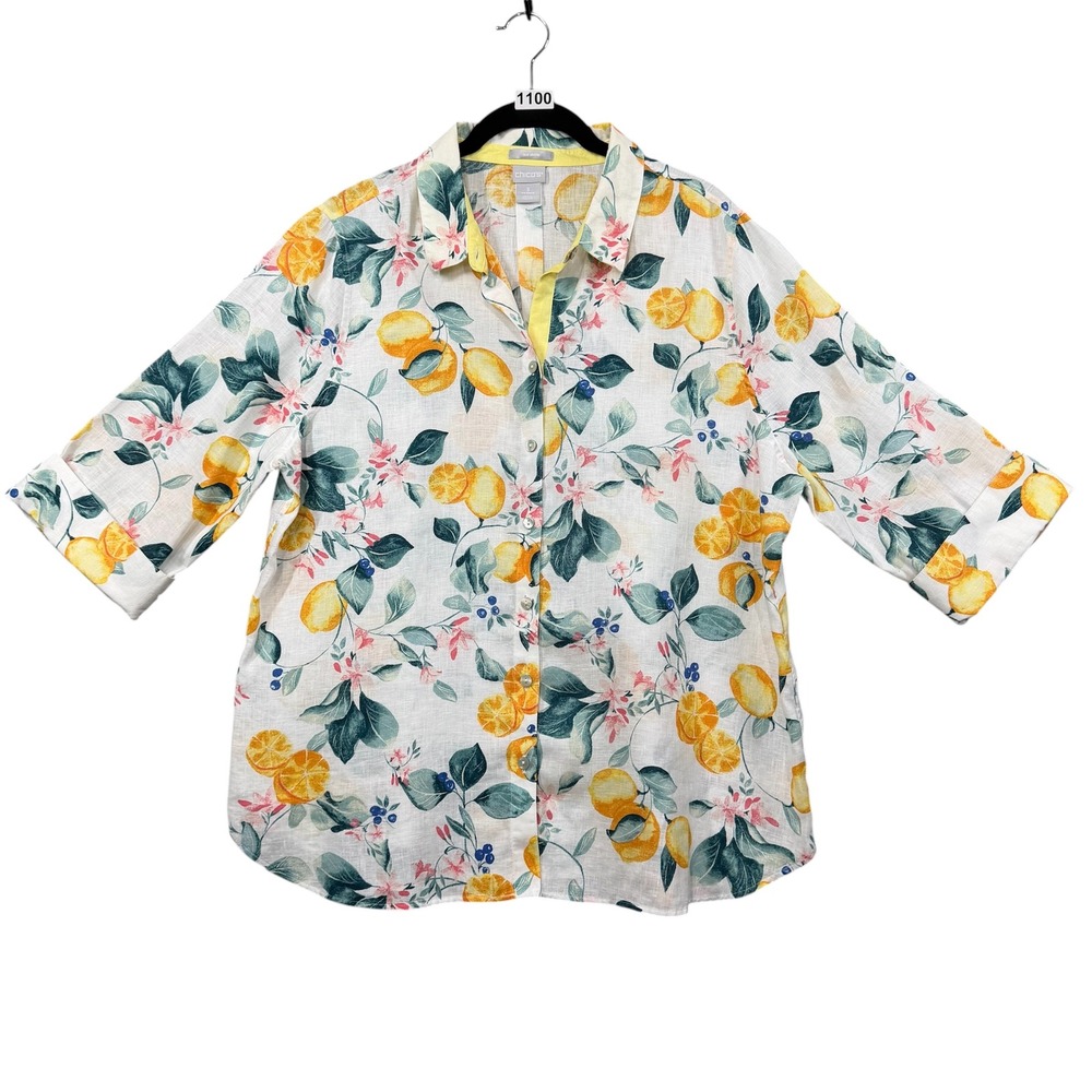 Chico's Button Down Shirt Womens 3 (16) Lemon Print Linen 3/4 Sleeve Tunic